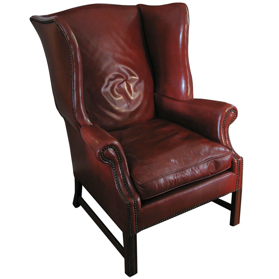 Leather Wingback Library Chair, Deep Cordovan Color For Sale