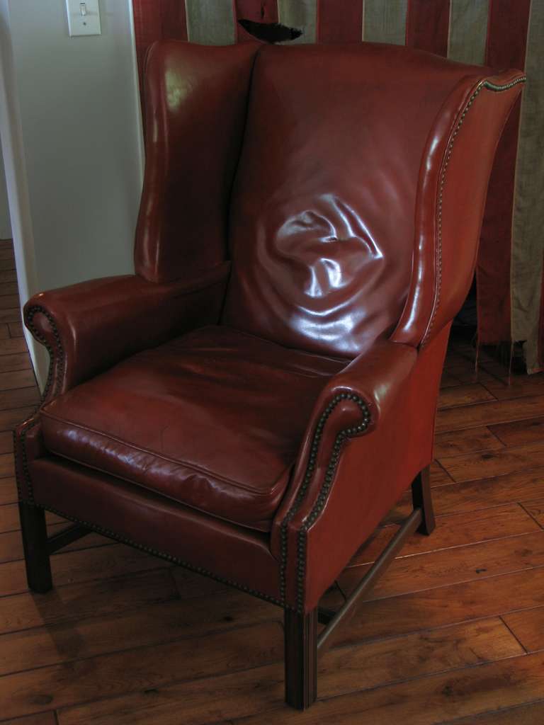Leather Wingback Library Chair, Deep Cordovan Color For Sale 4