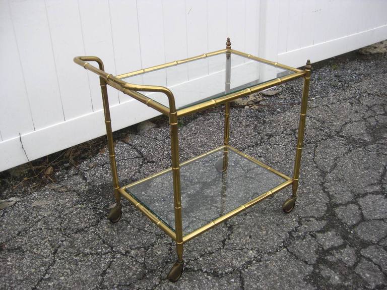 Brass Mid Century Rolling Bar Tea Cart, Faux Bamboo in Hollywood Regency Style and Art Deco Fender Details.