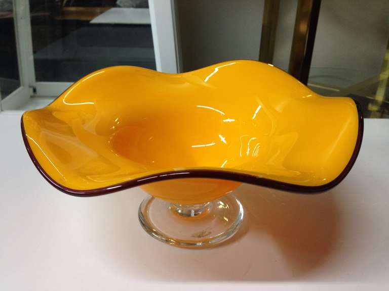 Wavey floret pattern glass dish in delicious yellow with deep red ribbon lip, candy for the eyes.