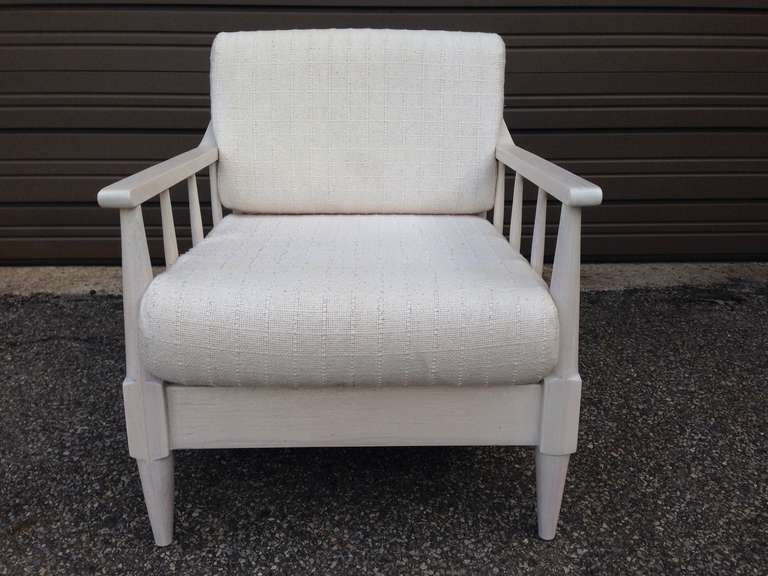 Pair of dowel construction white-washed low lounge chairs in the style of early T.H. Robsjohn Gibbings. Will fabricate cushions to your specs all inclusive.  Except if on reduced clearance sale.