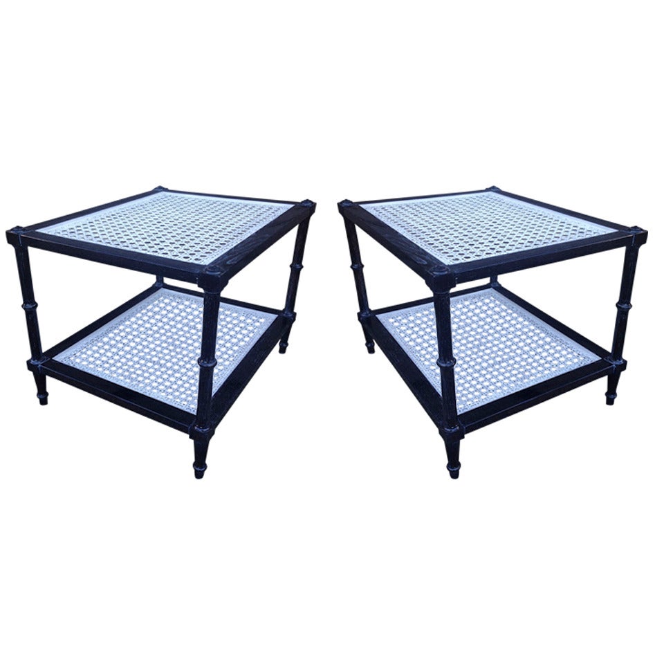Pair of Two-Tier Black and White Cerused End Tables For Sale