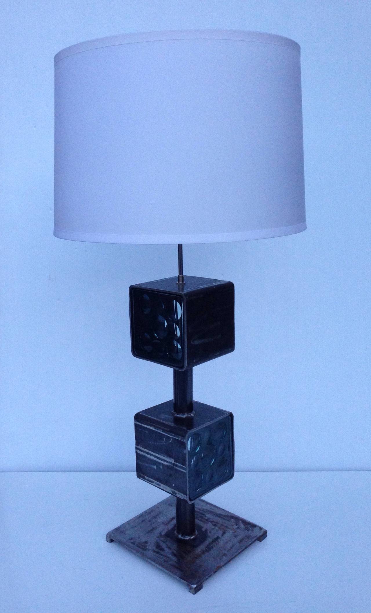 Rare and unique pair of four panel Magiscopio signed four glass panel table lamps.