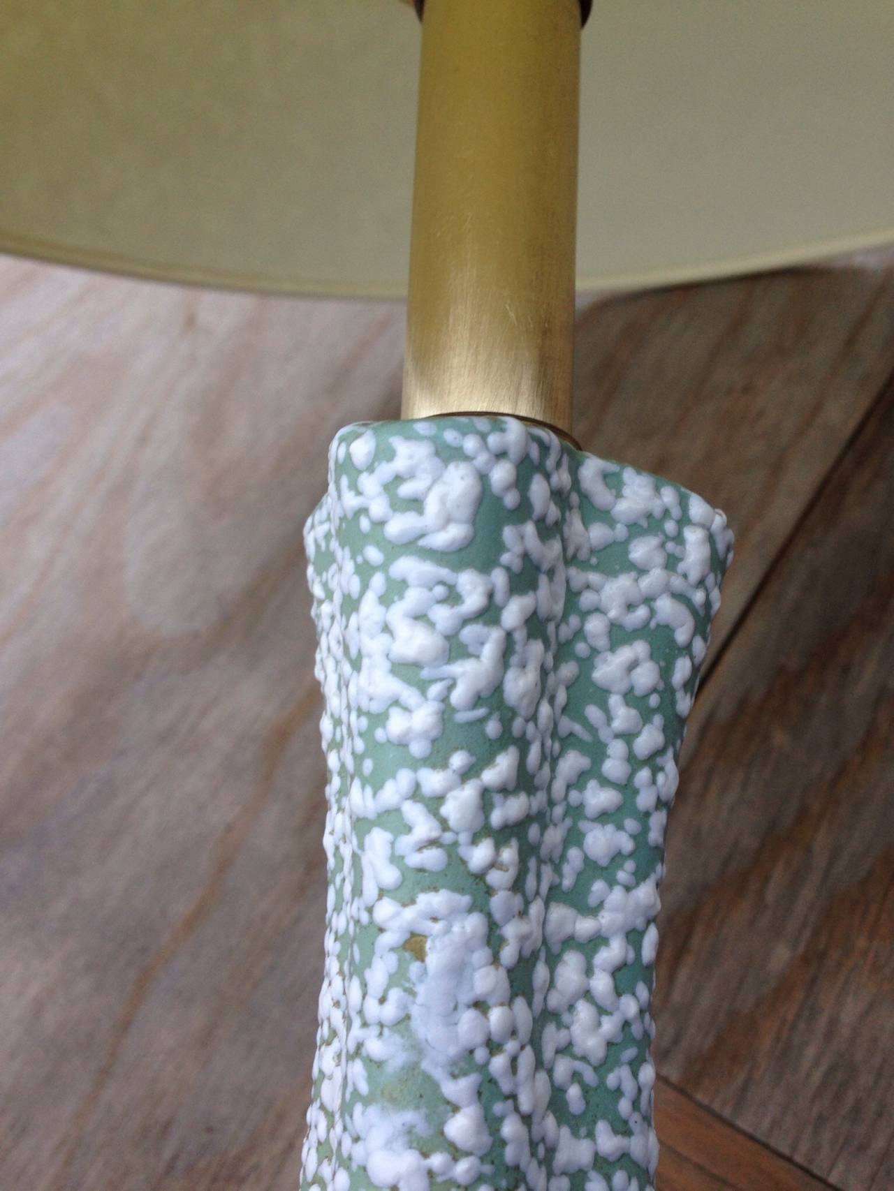 Pair of Mid-Century Modern table night lamps, light celadon green and white speckles, with brass accents and walnut base.