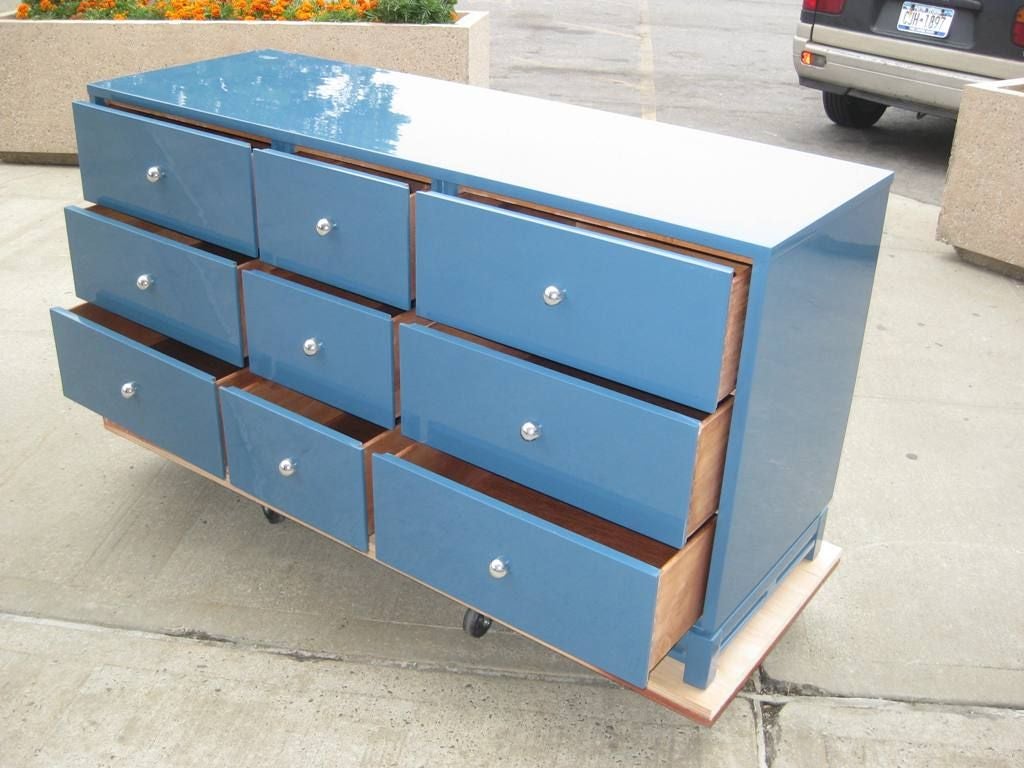 20th Century Signed Modernist Blue Lacquer Dresser