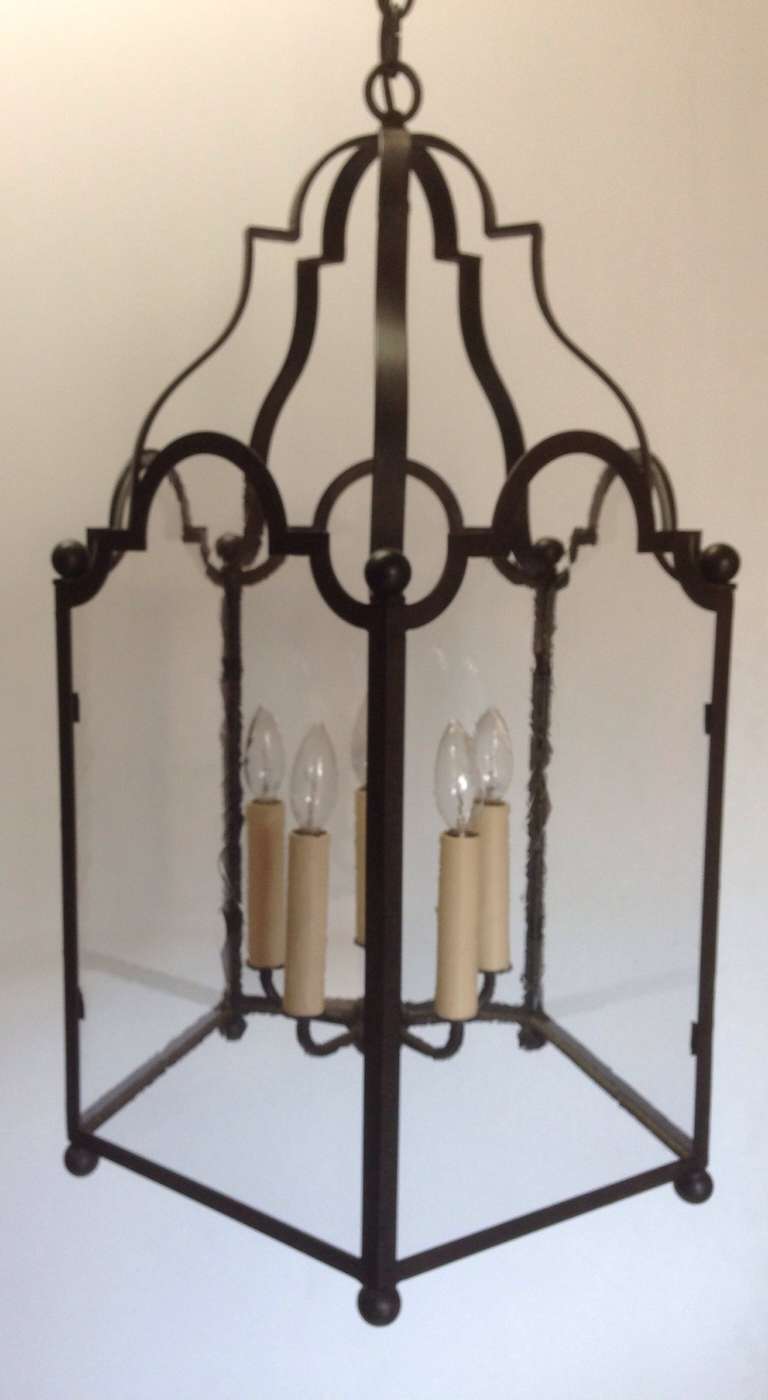 Pair of antiqued glass White House style lantern chandeliers, the chain can be adjusted to any height.