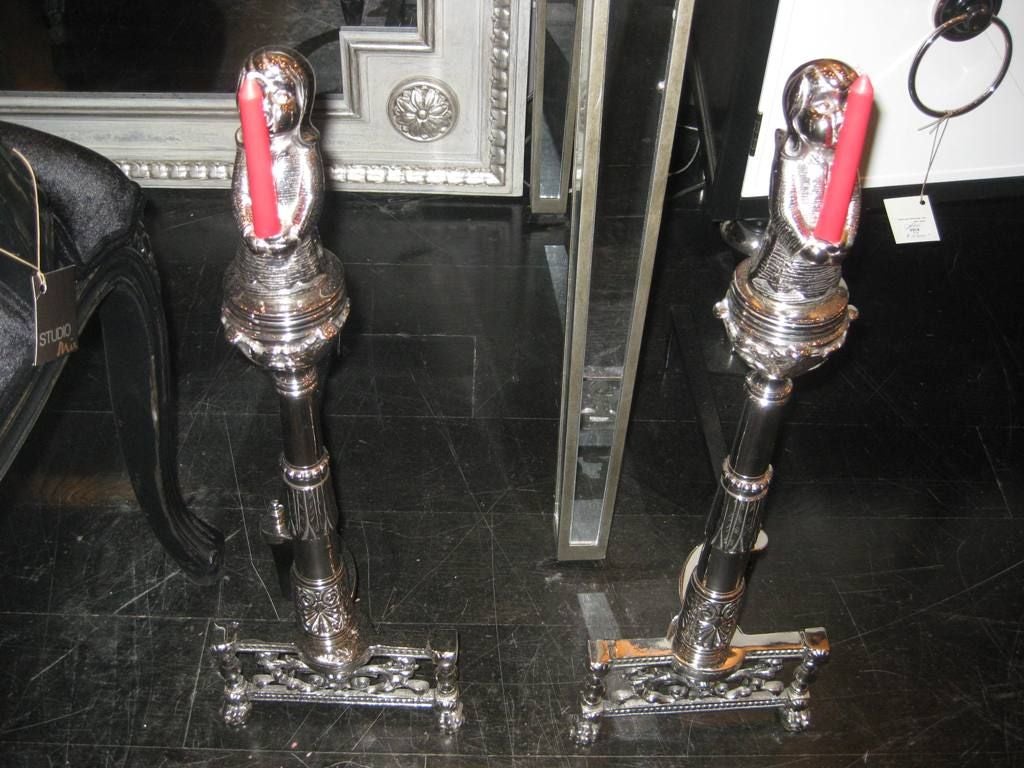 Mid-Century Modern Pair of Angel Candelabra Andirons For Sale