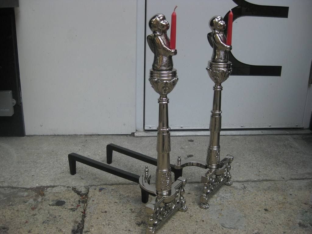 Pair of Angel Candelabra Andirons In Excellent Condition For Sale In Bronx, NY
