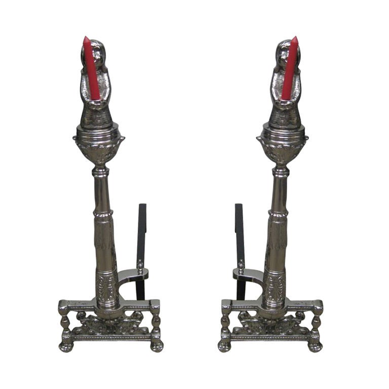 Pair of Angel Candelabra Andirons For Sale