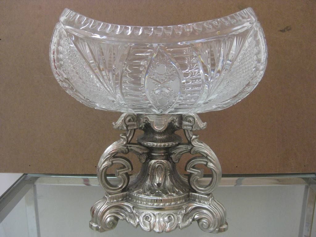 Imperial crystal candy bowl, this high style Regency hand-cut crystal, candy dish serving bowl is exquisite in style and most unique with nickel pedestal, please also visit sjulian.1stdibs. to see most of our collection, this item is on sale for a