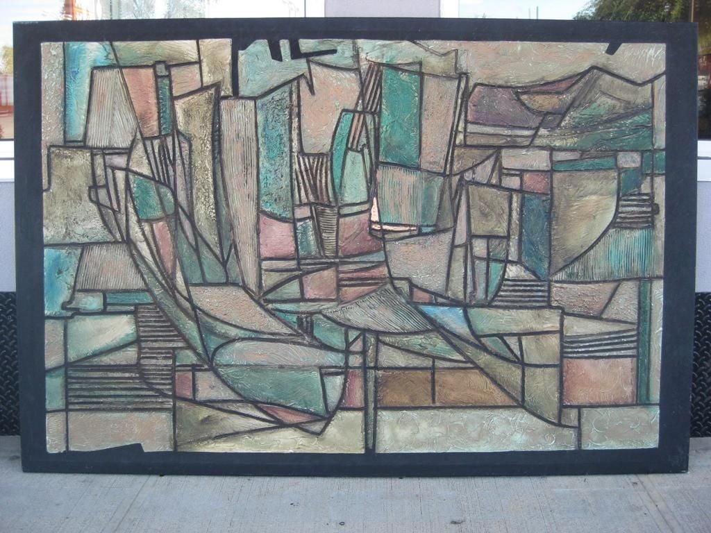 Monumental colorful abstract impressionist painting, in the style of Paul Evans cityscape, this Mid Century Modern painting is on canvas.
