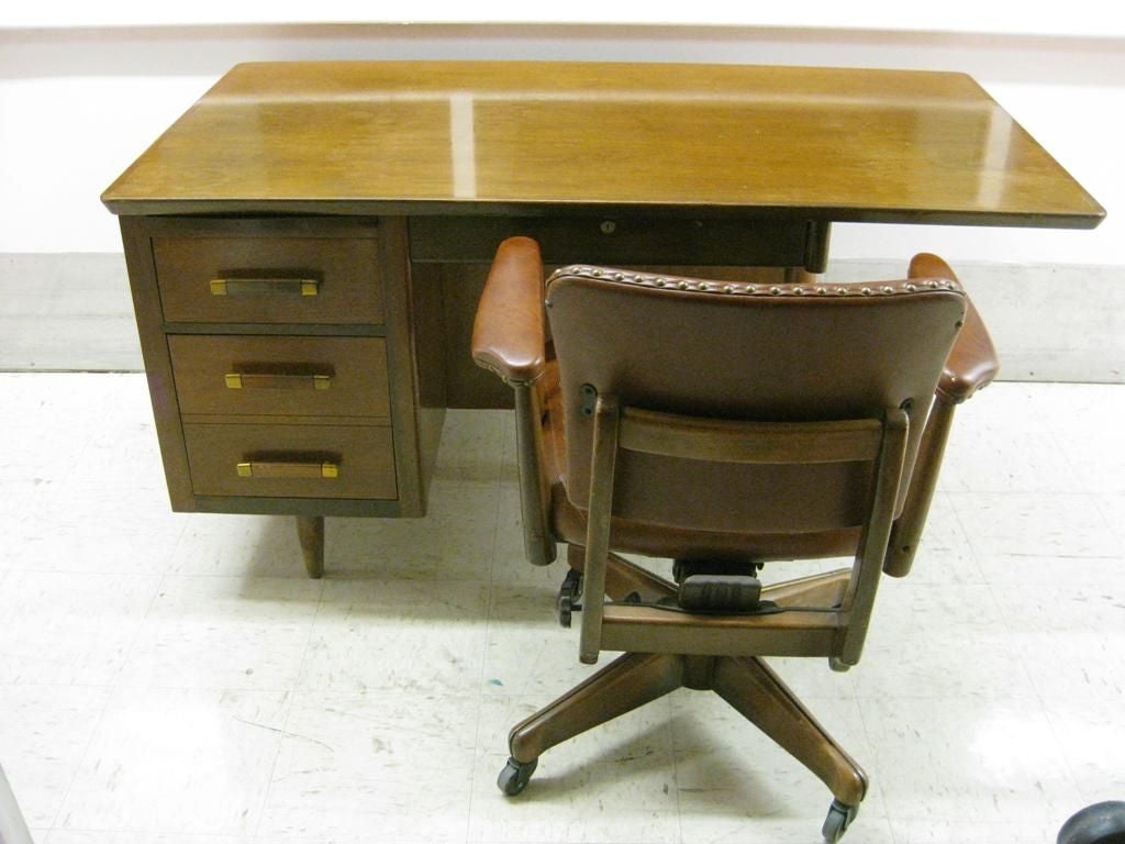 John Widdicomb cantilever partner desk on three legs with chair, available as is and individually.

