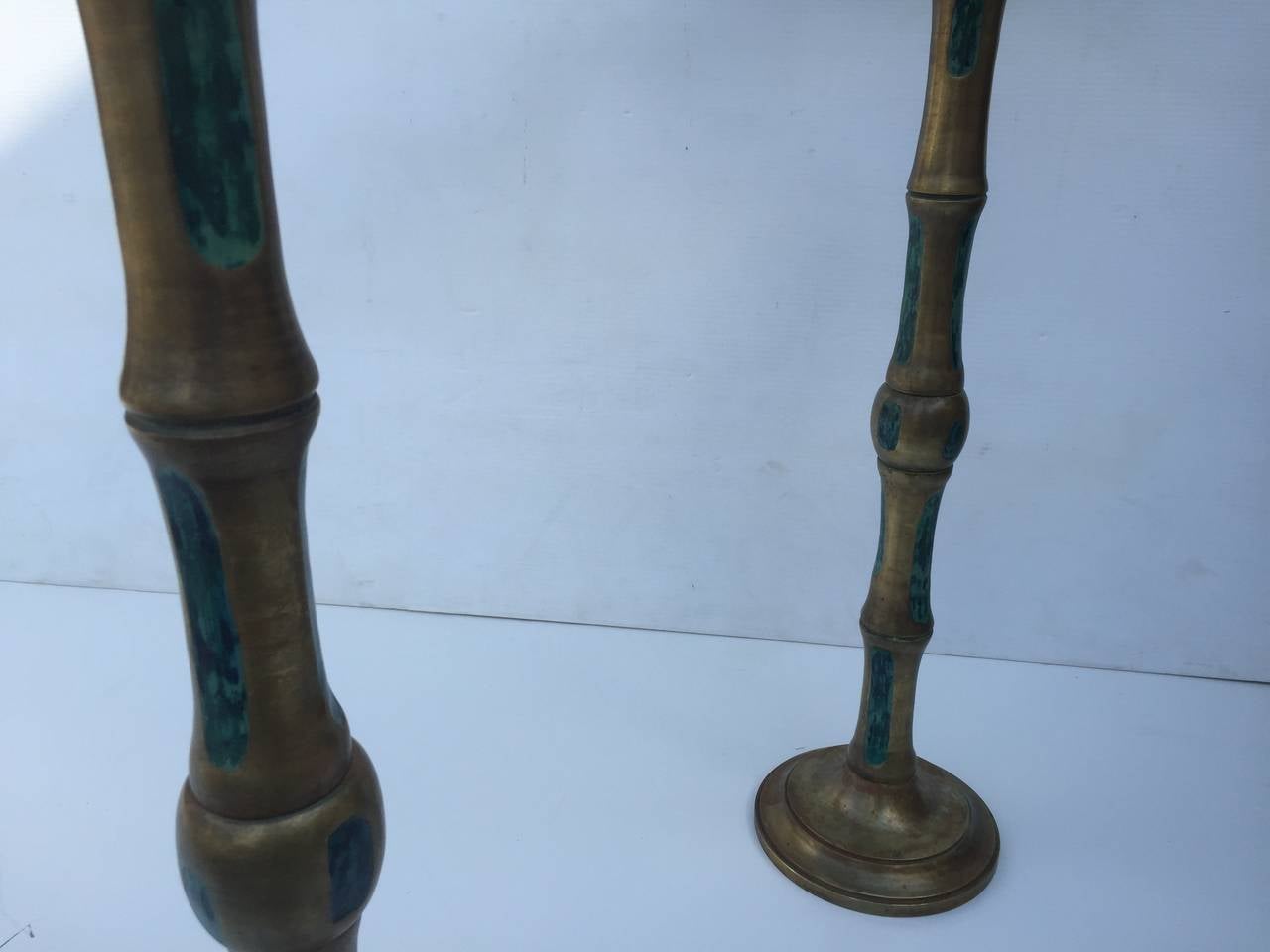 Pair of monumental sculptural solid brass with turquoise and faux bamboo design elements, nightstand lamps signed by Pepe Mendoza, please visit sjulian.1stdibs. to see our complete collection for purchase and rental or photo shoots.