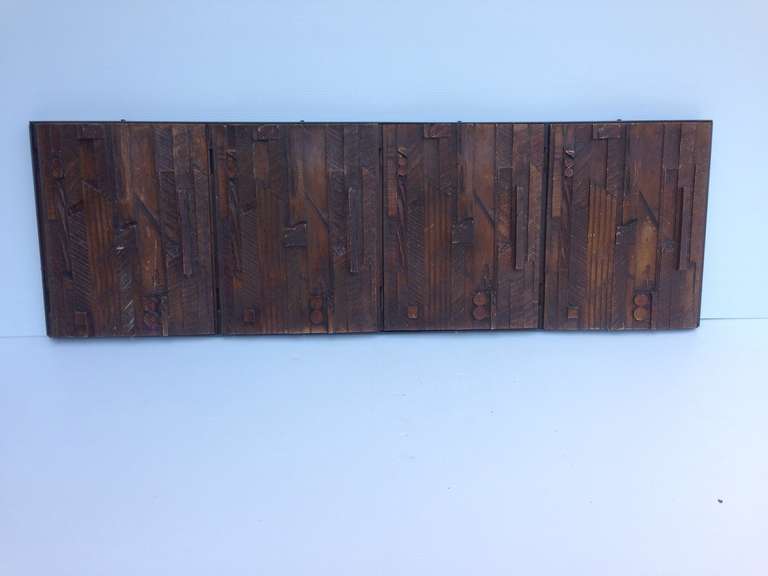 Beautiful rectangular wall sculpture in the style of Paul Evans.
