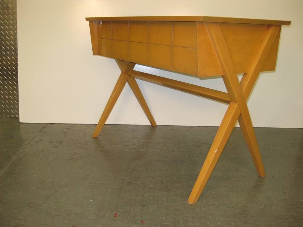 Mid-Century Modern X-desk after Paul Laszlo, excellelent for placing in middle of room and or entry way wirh one deep drawer for storage, please visit sjulian.1stdibs to see our collection, we provide rentals for stylists, photo shoot and props for