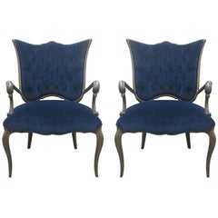 Blue Velvet Newly Upholstered Pair of Italian Chairs