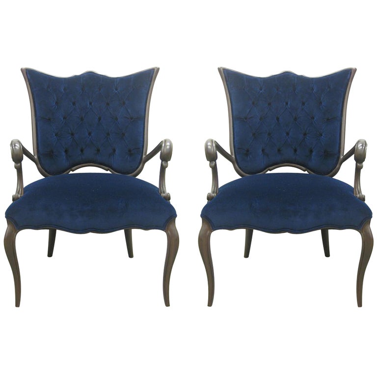 Blue Velvet Newly Upholstered Pair of Italian Chairs For Sale at 1stDibs