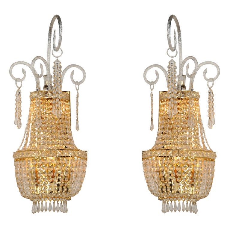 Large Pair of Crystal Hollywood Regency Sconces