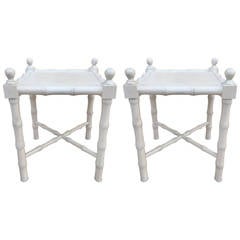 Pair of Petit Whitewashed Faux Bamboo Side Tables 4