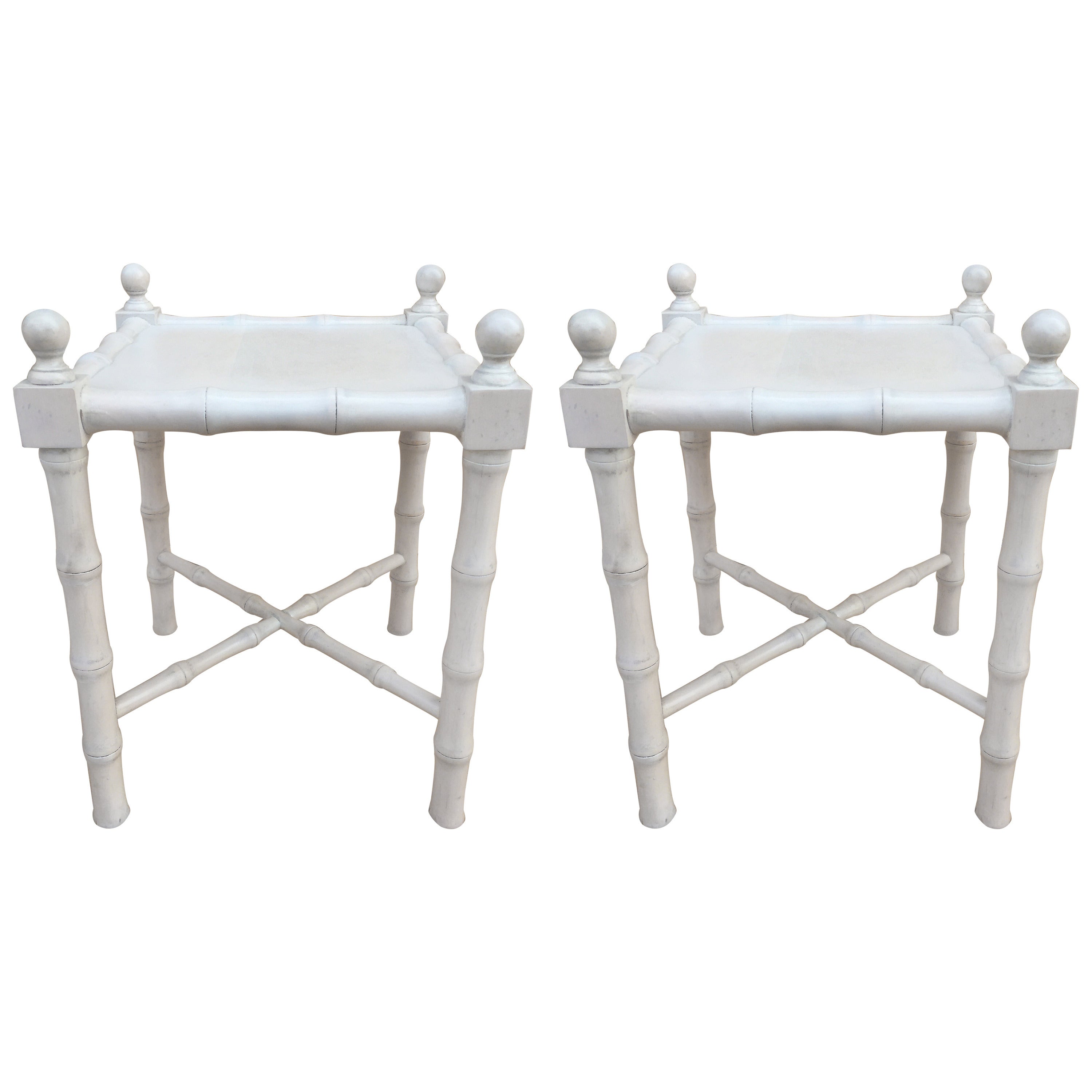 Pair of Petit Whitewashed Faux Bamboo Side Tables For Sale