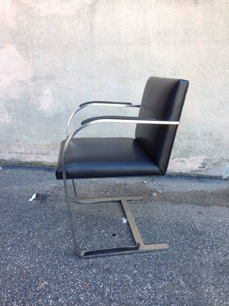 Set of 10 have been sold, see thumbnails by clicking on main image for Bruno Armchairs Collection of one, two, set of 3 Mid-Century Modern Ludwig Mies van der Rohe Art Deco design flat bar stainless steel chairs with leather arm cushions for Knoll