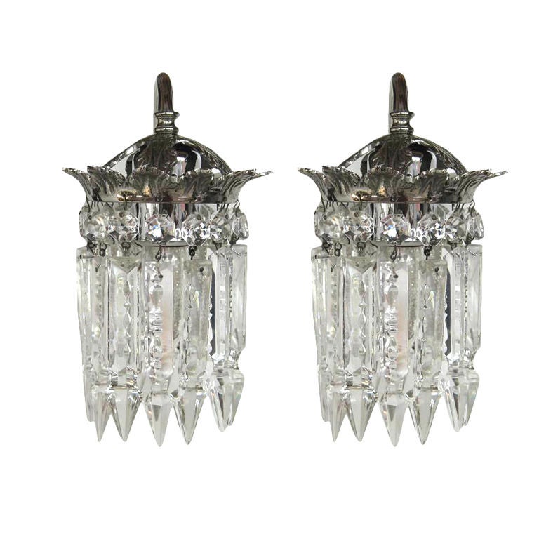 Pair of Hollywood Crystal Sconces For Sale