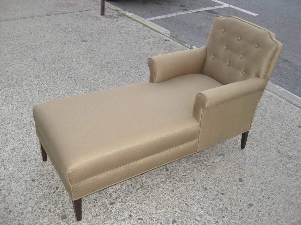 Hollywood Regency Chaise Longue, this chaise long / lounge is from the midst of the Art Deco Era, newly upholstered in very sophisticated heavy Gold fabric, to see our collection please visit sjulian.1stdibs.com