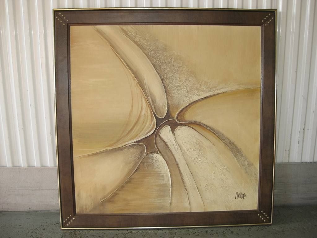 Large Mid-Century Modern signed painting, beautifully mounted, with studded faux leather clad frame.