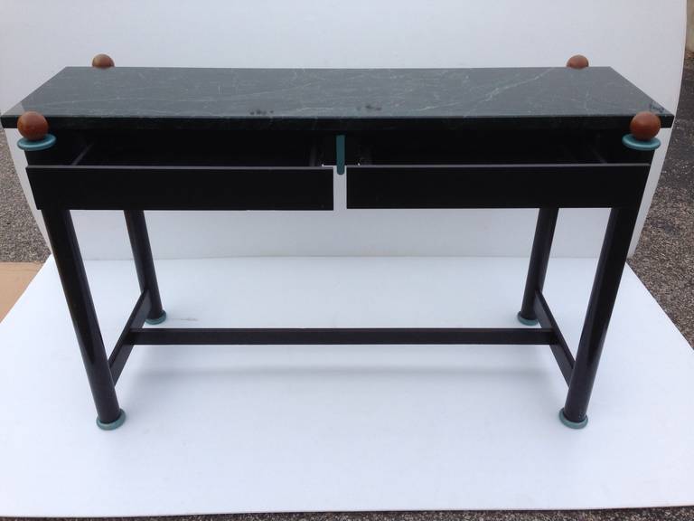 Large marble top floating console or entry table with two large drawers for keys etc. after Ettore Sottsass, will fit in center of the room or to side as separating divider. This item is on sale now for clearance price.