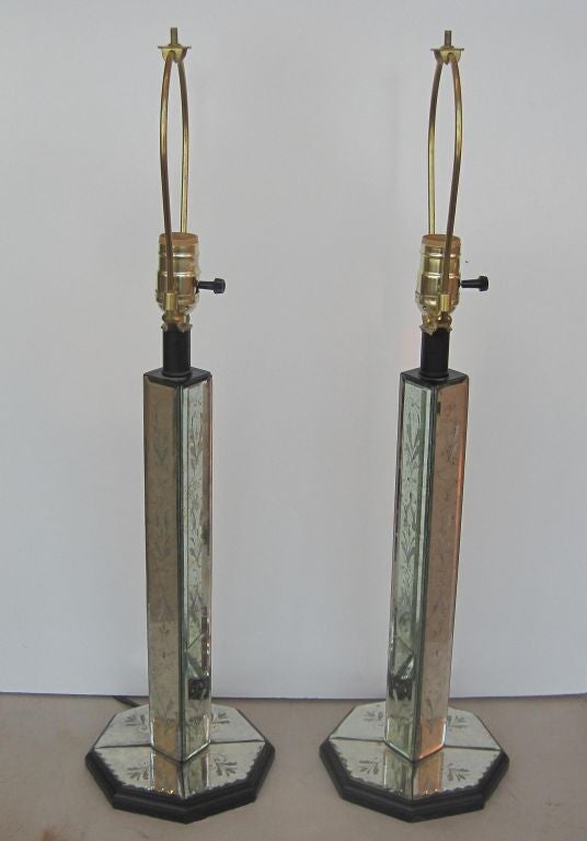 Pair of original antique etched mirrored, octagonal base table lamps, this item is on sale at a clearance price.