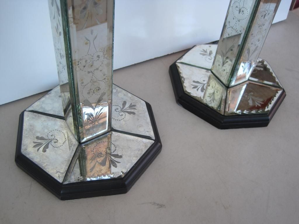 20th Century Pair of Antique Etched Mirrored Table Lamps