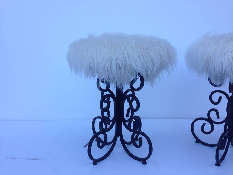 American Pair of Long Hair Wrought Iron Stools For Sale