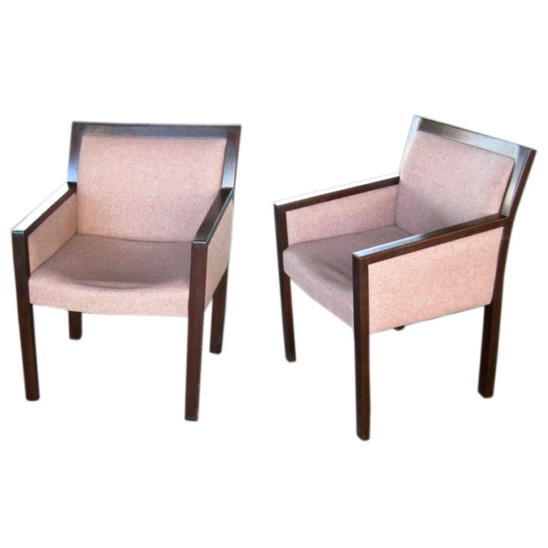 Pair of Curved Back Mahogany Armchairs after Ward Bennett For Sale