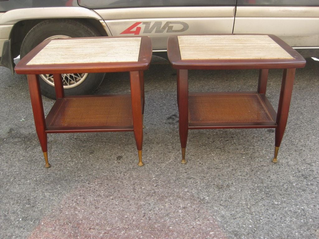 Pair of marble top end tables with caned shelf and cocktail table also available for $1600, with brass sabots.