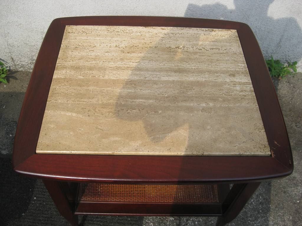 Mid-Century Modern Pair of Marble Top End Tables with Caning For Sale