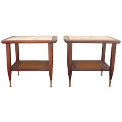 Pair of Marble Top End Tables with Caning