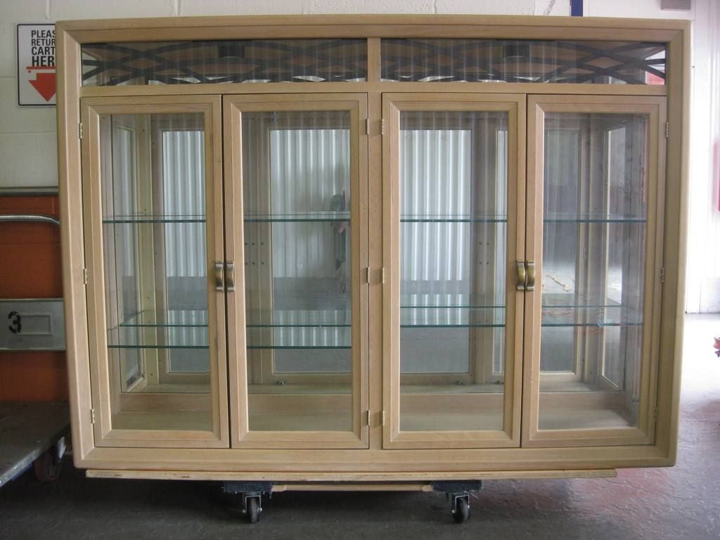 Stunning signed, illuminated Mid-Century Modern whitewashed two-Piece China cabinet, with fluting detail, this buffet and cupboard display case is available individually, rare piece.  This item is on sale for a clearance price.