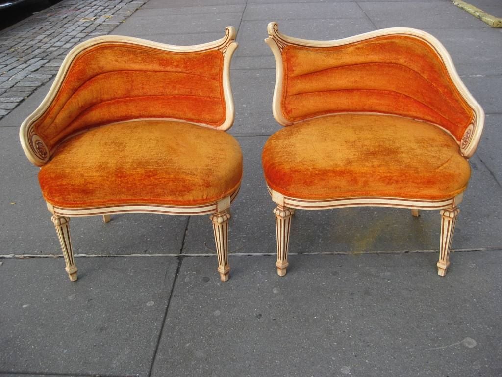 Pair of Hand Carved Asymmetrical Burnt Orange Hollywood Regency Lounge Chairs, will reupholster WCOF all inclusive, or discount as is.