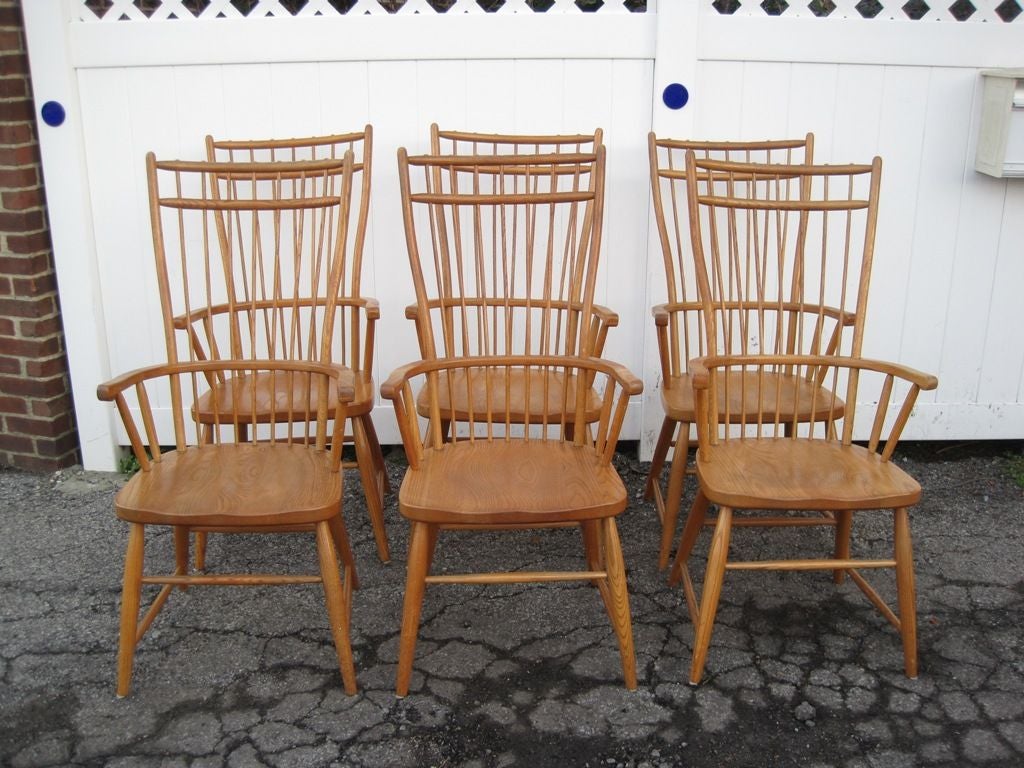 Set of six very nice solid walnut Windsor tall back dining chairs in the style of Charlotte Perriand.