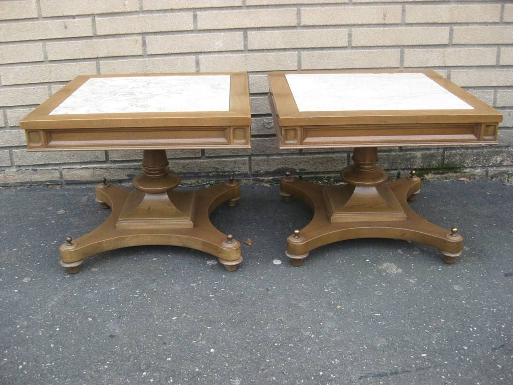 Mid-Century Modern Pair of Regency Low Square End Tables, Gueridon For Sale