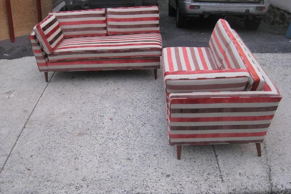 Superb long 2 piece split pair of jet age Mid-Century Modern Chaise Longue, Day Bed and or sectional sofa in the style of T.H. Robsjohn Gibbings, or Edward Wormley with beautiful tapered sides L right or L left this pair has just been reupholstered,