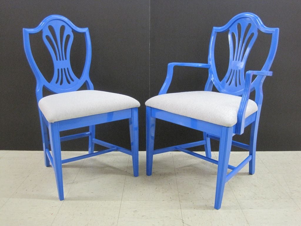 Hollywood Regency Set of Six Blue Dining Chairs For Sale