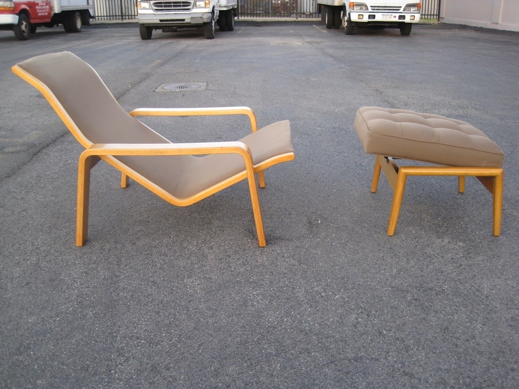 Bruno Mathsson attributed spectacularly comfortable adjustable lounge chair and pop up adjustable button tufted ottoman.  Great for sunroom or outside Patio.  
