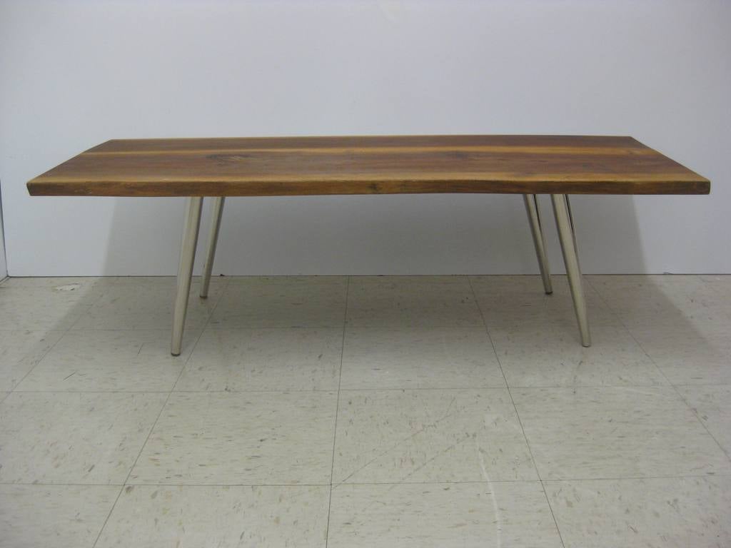 Mid-Century Modern Single or Pair of Wood Plank Cocktail Tables with Nickel Legs For Sale