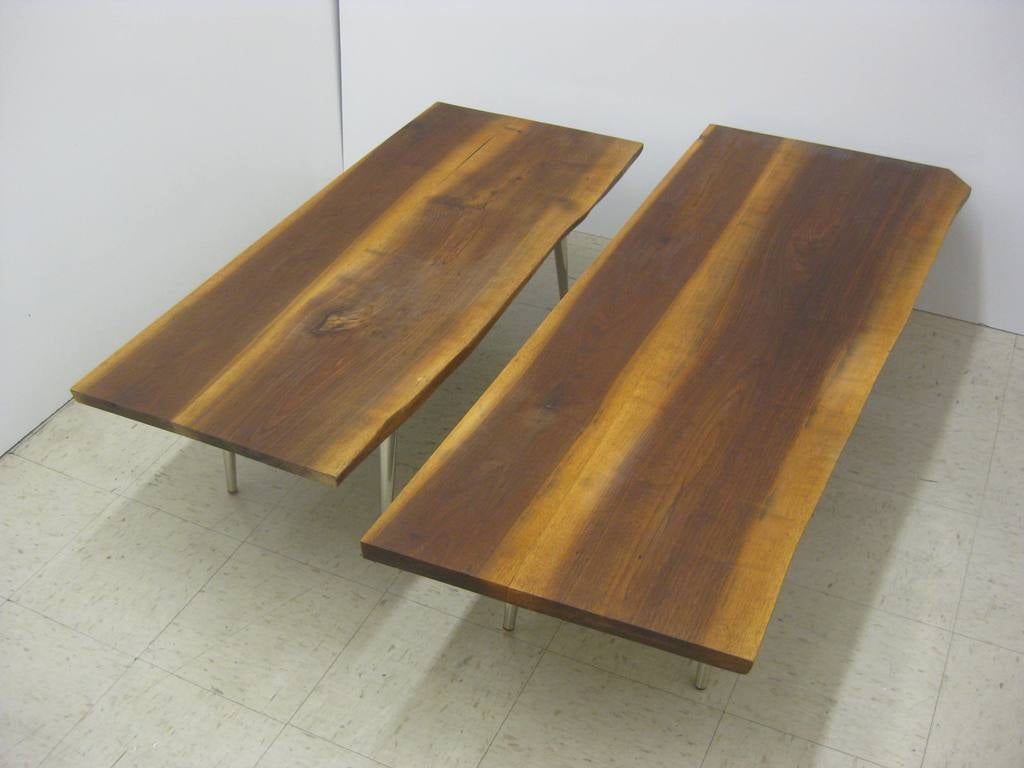 American Single or Pair of Wood Plank Cocktail Tables with Nickel Legs For Sale