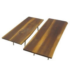 Unmatched Pair of Flat Wood Plank Cocktail Tables with Nickel Legs 3