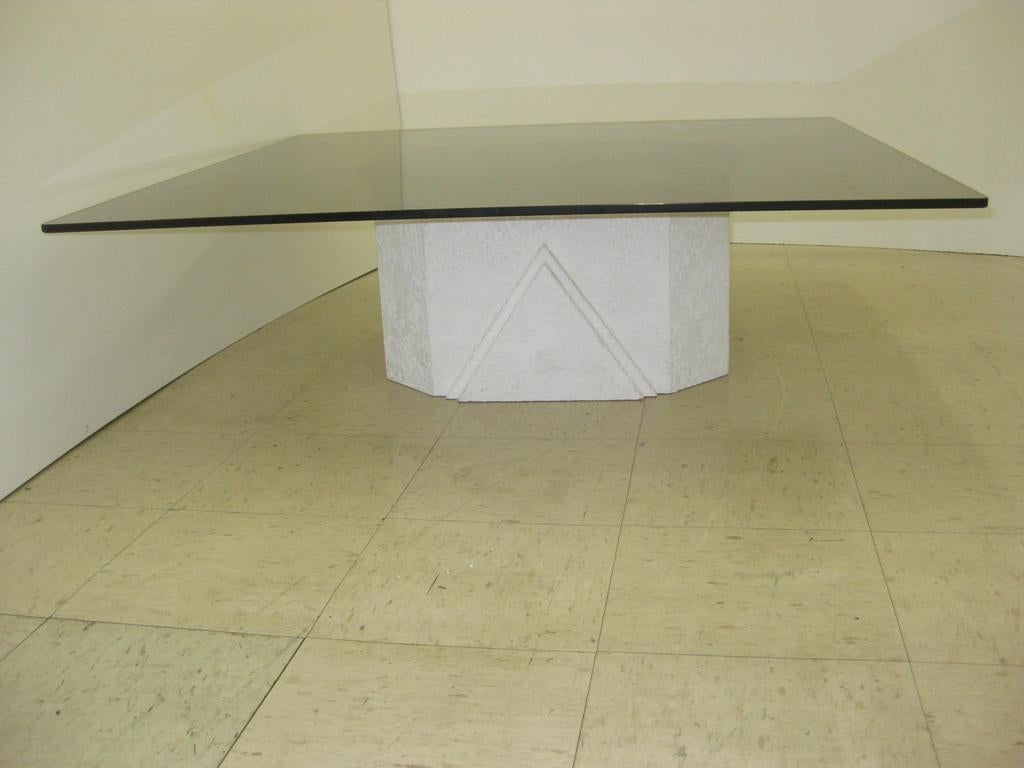 Elongated octagonal fully enclosed plaster base with dual triangle motif, Lucite and solar bronze (smoked) 1/2