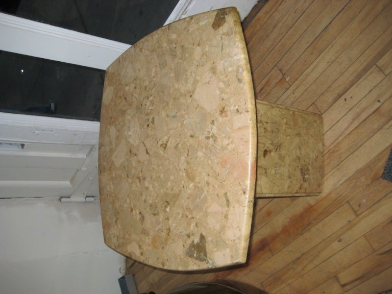Bowed out square marble single side or end table, with elongated square base.