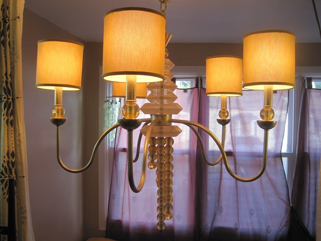 Pair of very glamorous Gio Ponti style chandeliers with dual tone motif and silk shades, measurements are of the body only and not the chain which can be extended to any length, this item is on sale for a clearance price.