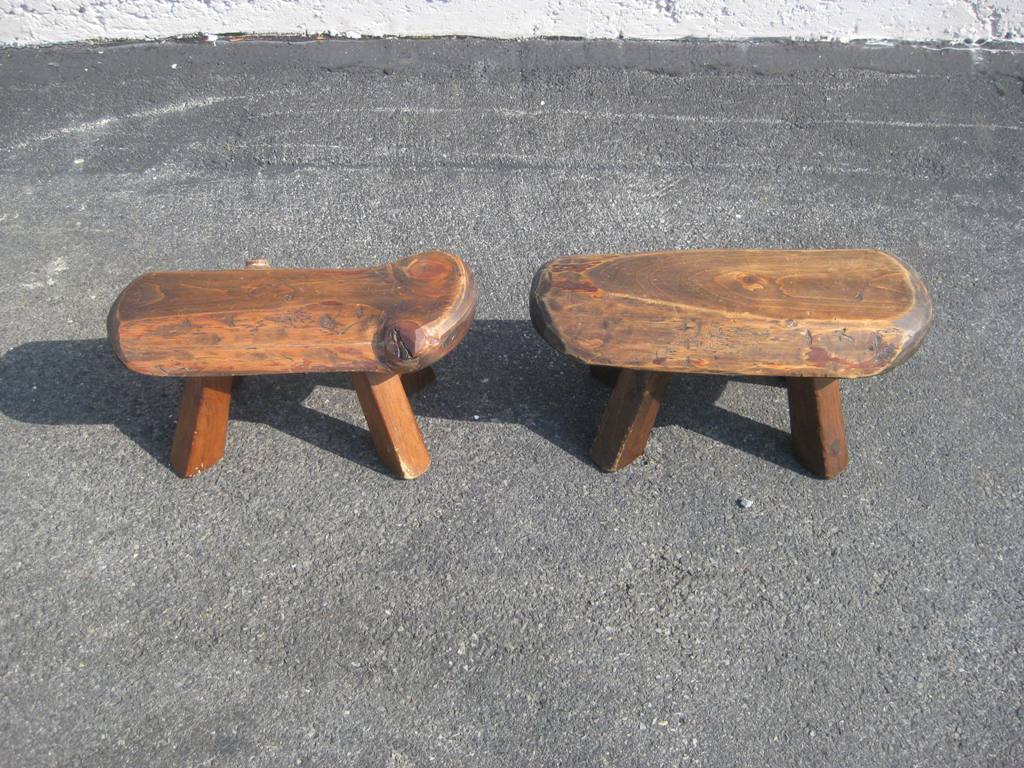Pair of live-edge wooden fireside miniature stools.